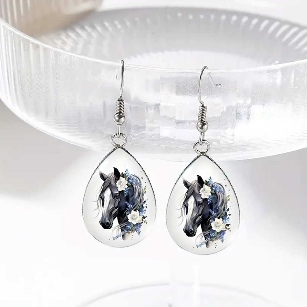 Horse Floral Dangle Teardrop Earrings